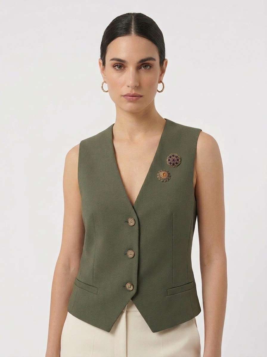 MARKUP Gilet in flanella pettinata con spille decorative