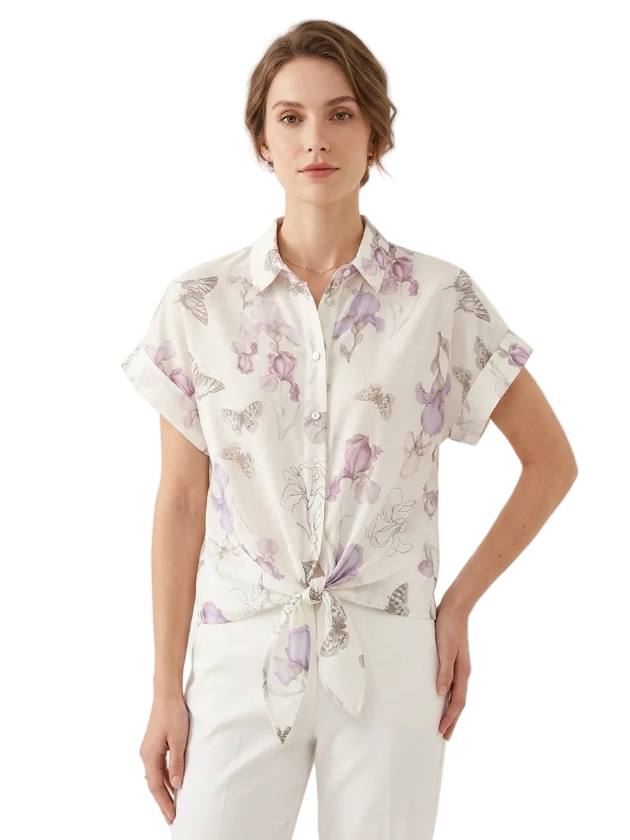 Camicia EIKI con affascinante fantasia floreale e dettaglio nodo