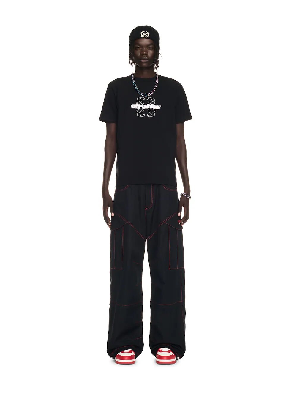 OFF-WHITE T-shirt slim nera con logo floccato e motivo arrow