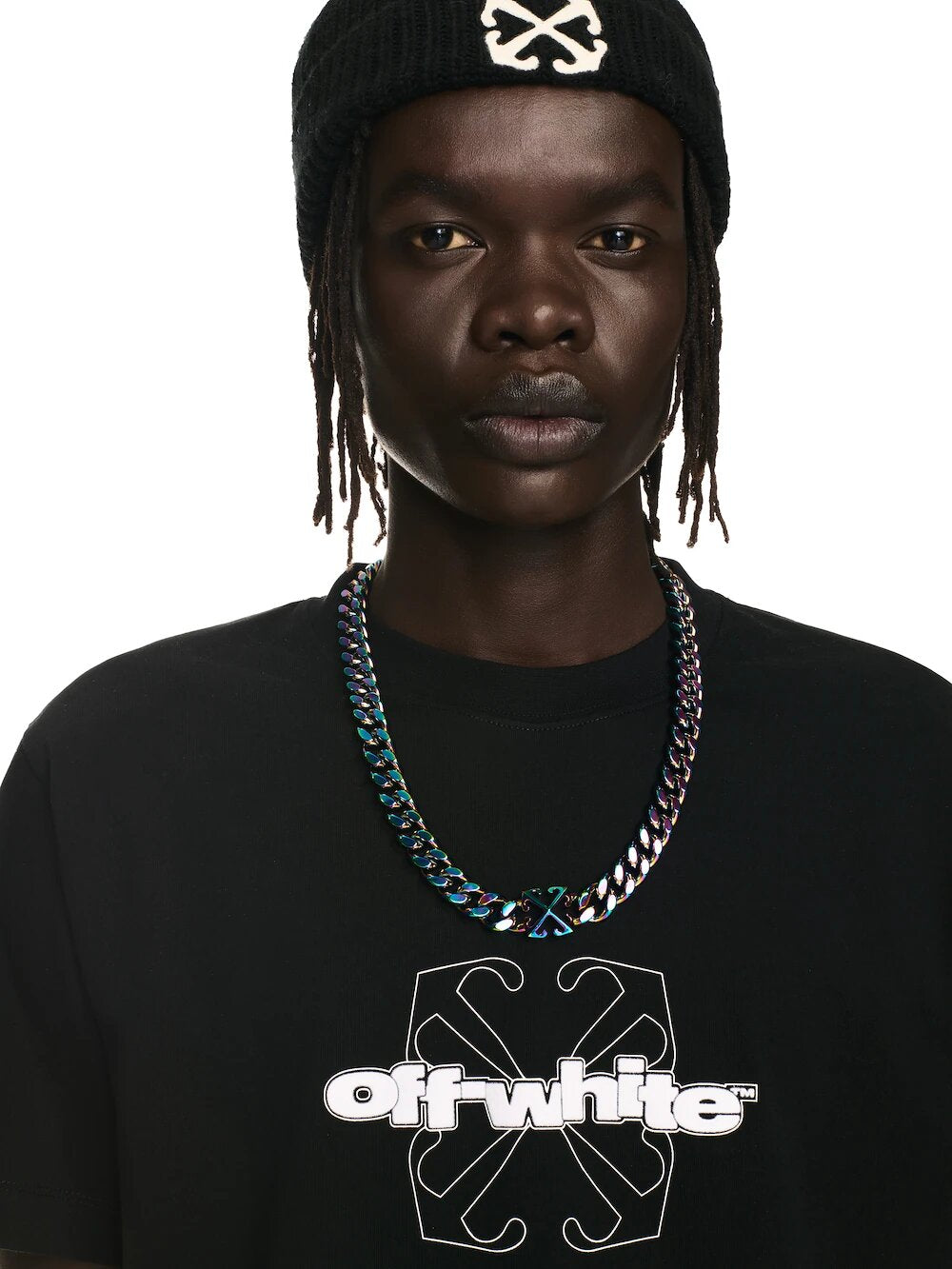 OFF-WHITE T-shirt slim nera con logo floccato e motivo arrow