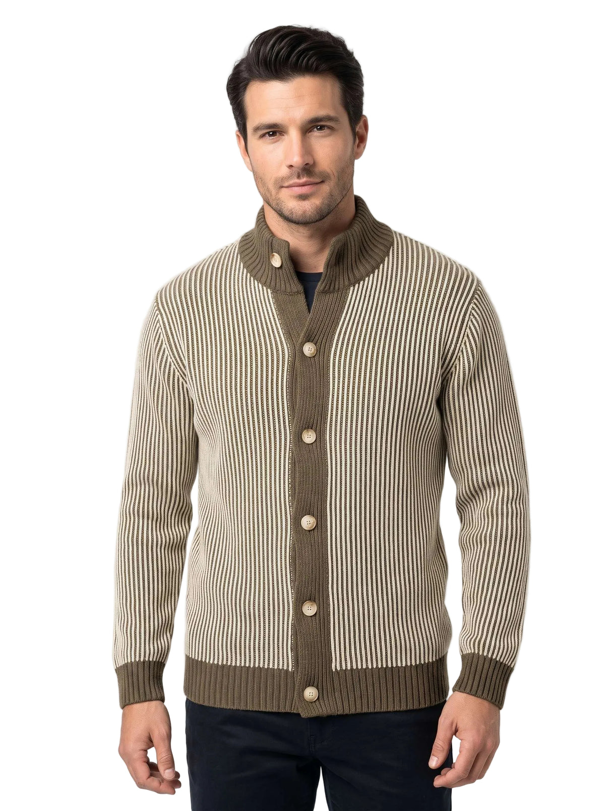 Cardigan Uomo a Coste Bicolore con Collo Alto