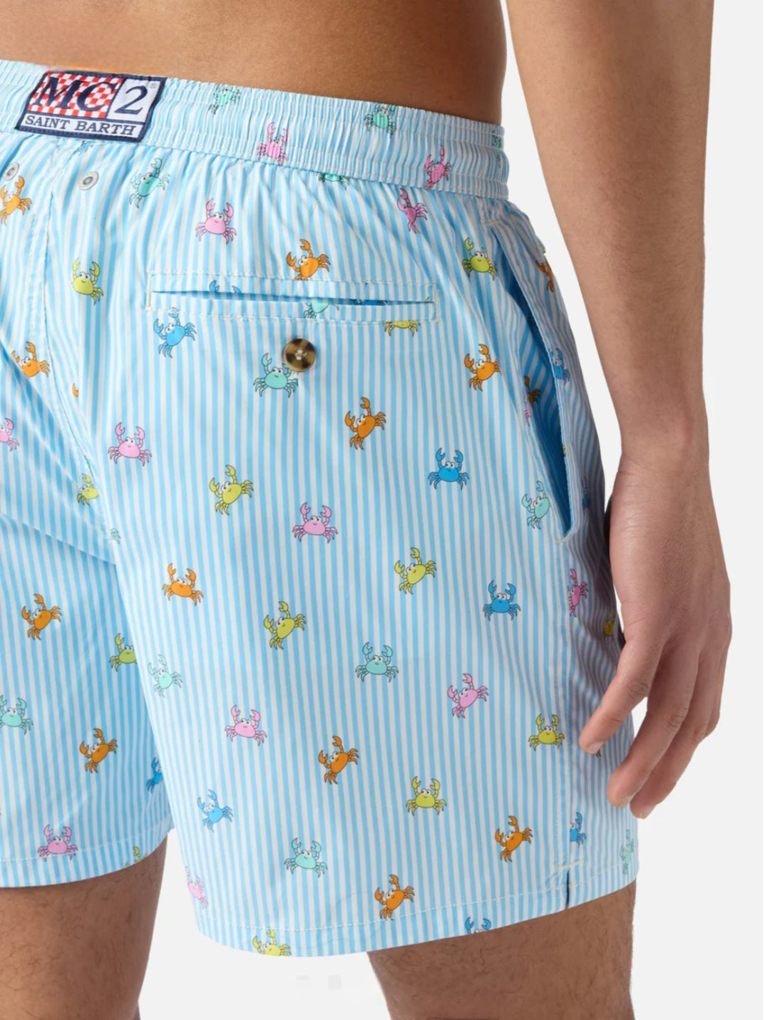 SAINT BARTH Costume mare Lighting Micro a righe azzurre con stampa granchi all-over