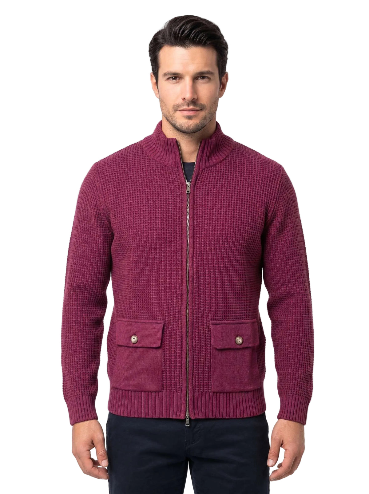 Cardigan Uomo a Nido d'Ape con Zip e Tasche Frontali