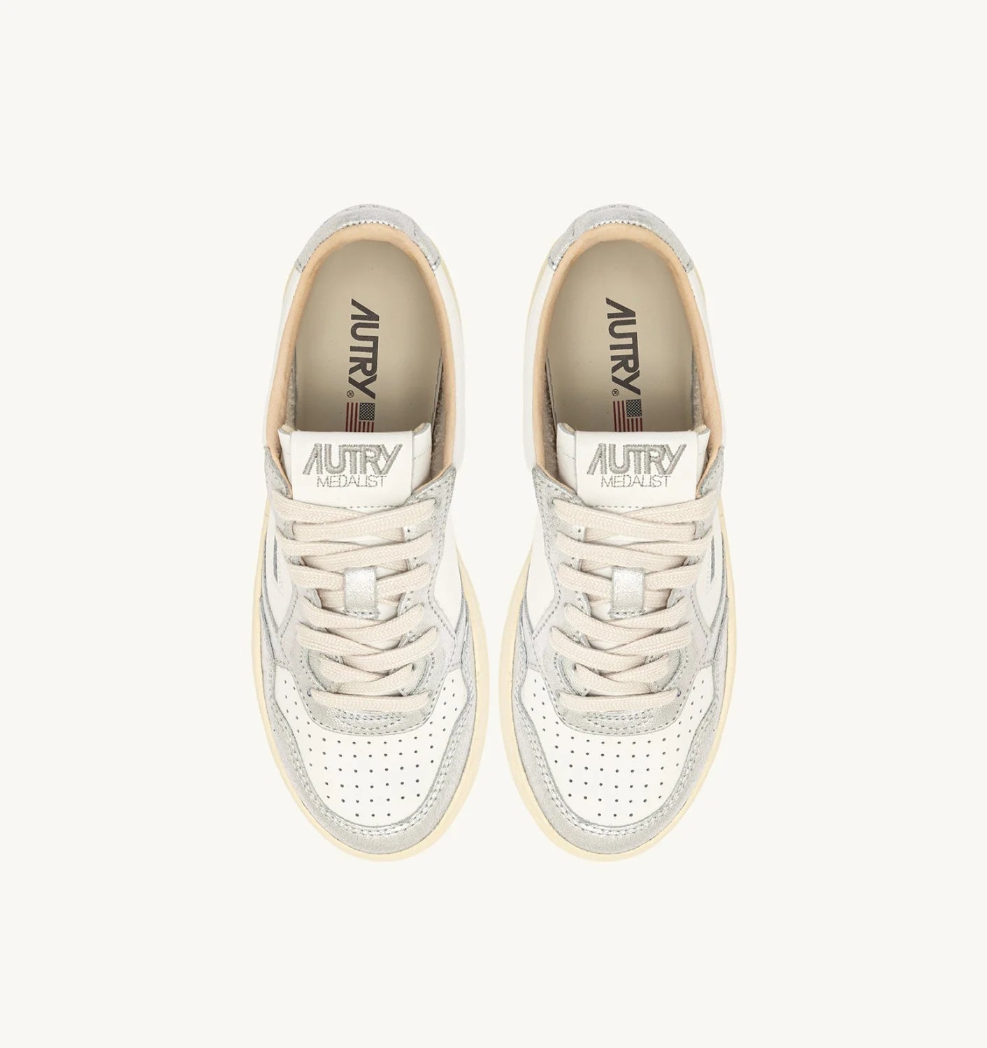 AUTRY SNEAKERS MEDALIST LOW BICOLOR IN PELLE BIANCA E METALLIZZATA ARGENTO
