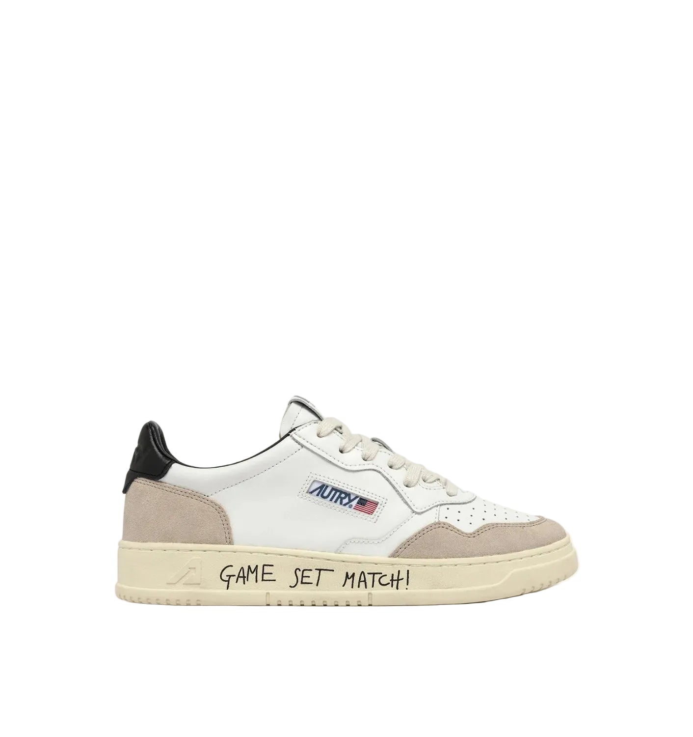 AUTRY SNEAKERS MEDALIST LOW IN SUEDE E PELLE BIANCA E NERA CON LETTERING