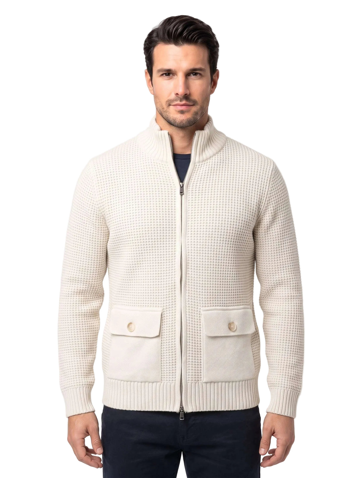 Cardigan Uomo a Nido d'Ape con Zip e Tasche Frontali