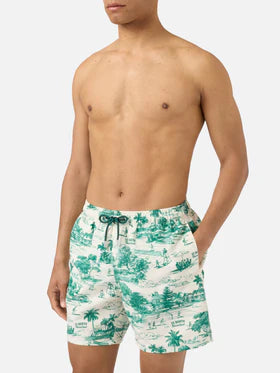 SAINT BARTH Costume mare Gustavia con stampa toile de jouy verde