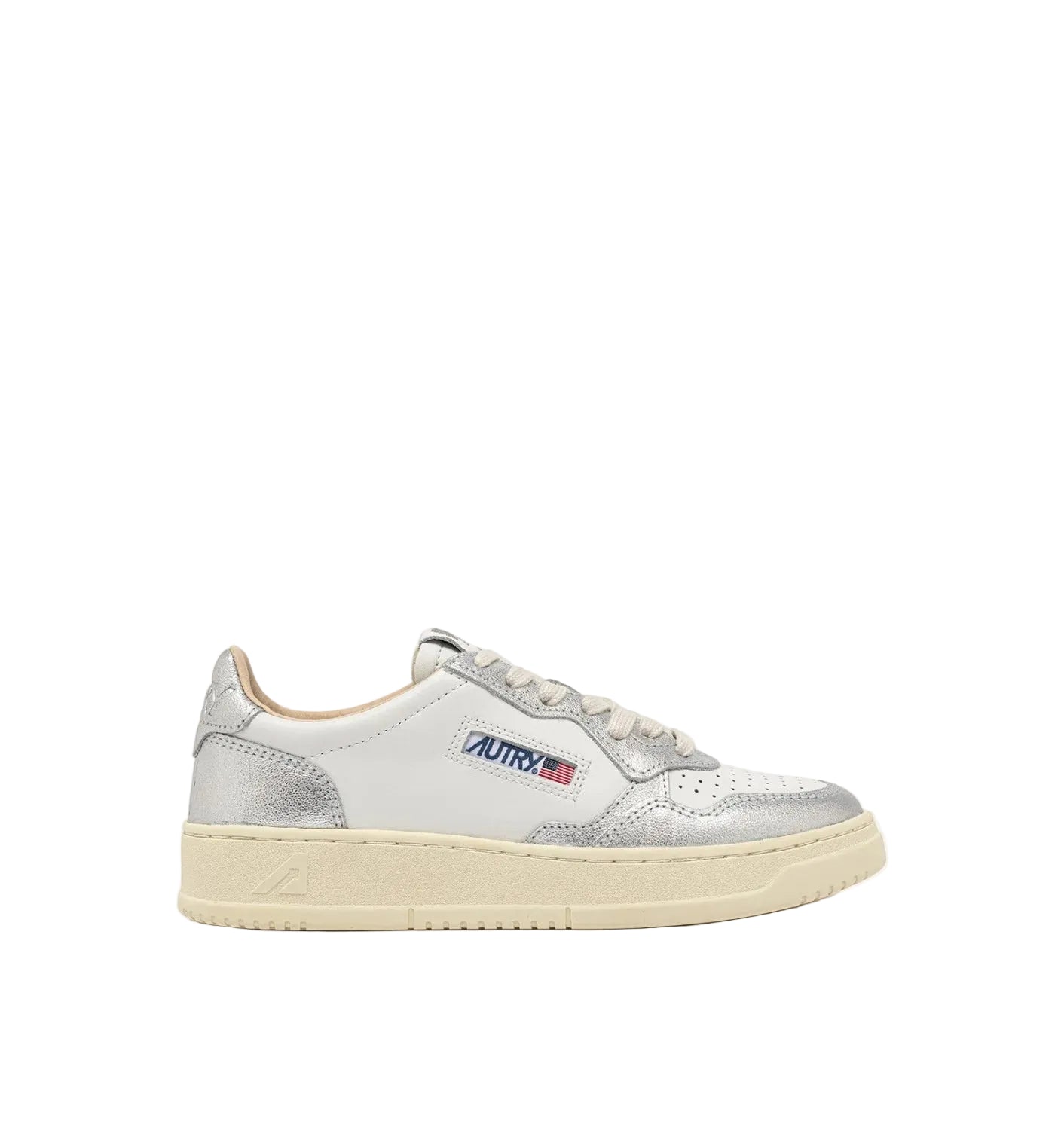 AUTRY SNEAKERS MEDALIST LOW BICOLOR IN PELLE BIANCA E METALLIZZATA ARGENTO