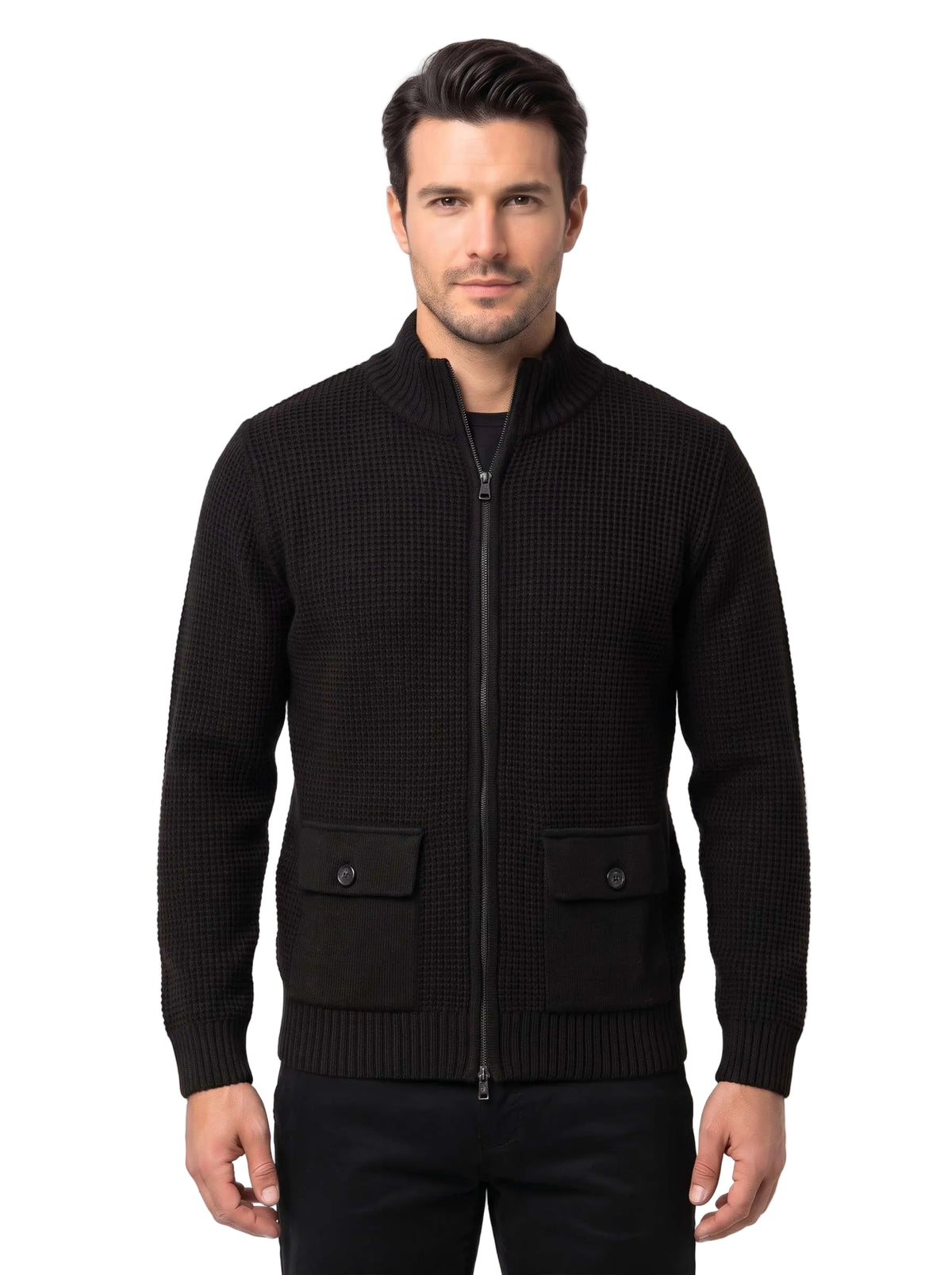 Cardigan Uomo a Nido d'Ape con Zip e Tasche Frontali