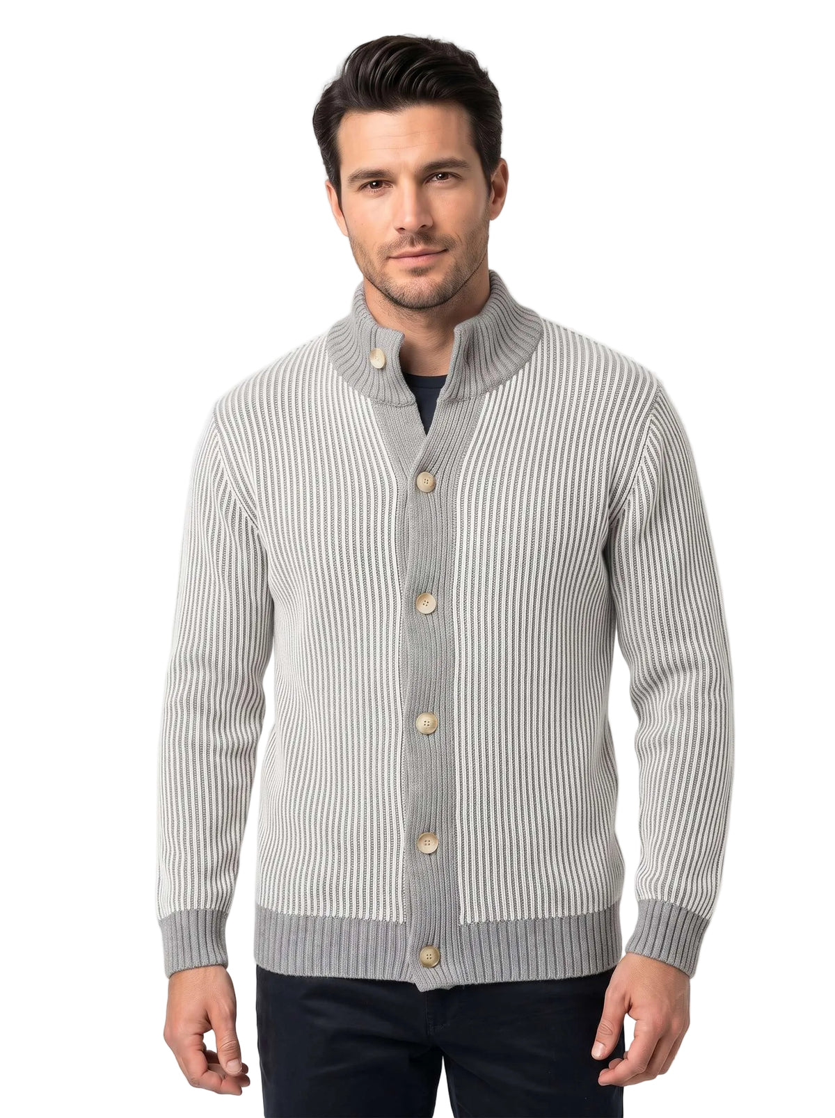 Cardigan Uomo a Coste Bicolore con Collo Alto