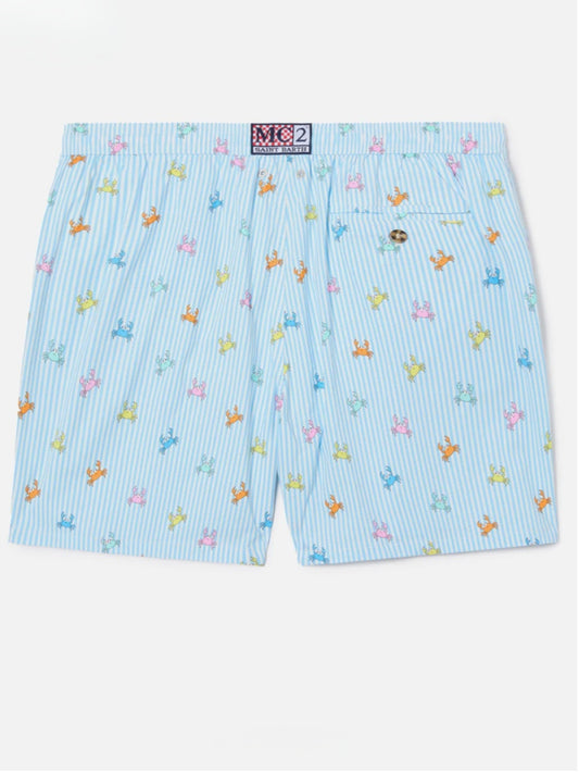 SAINT BARTH Costume mare Lighting Micro a righe azzurre con stampa granchi all-over