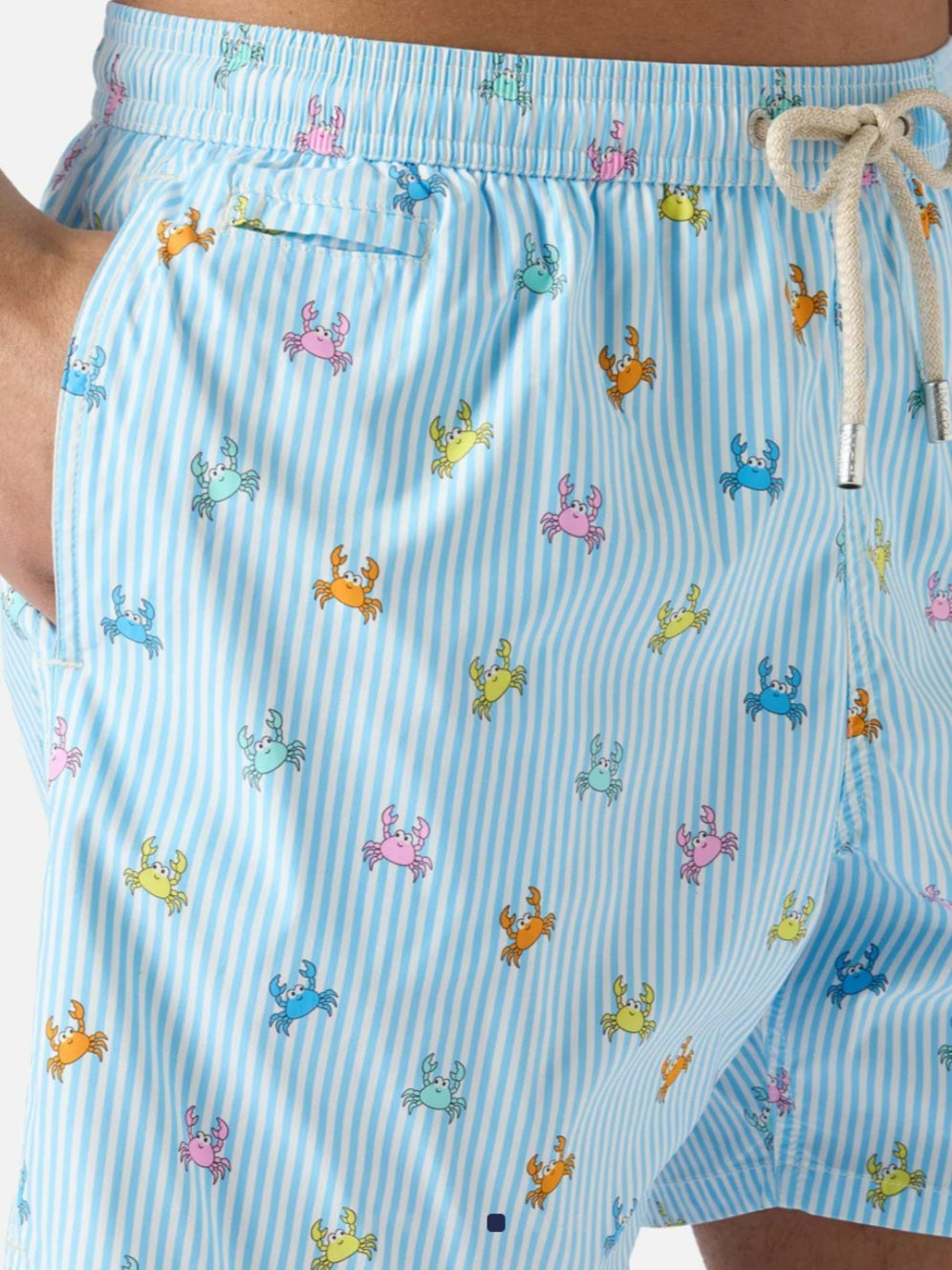 SAINT BARTH Costume mare Lighting Micro a righe azzurre con stampa granchi all-over