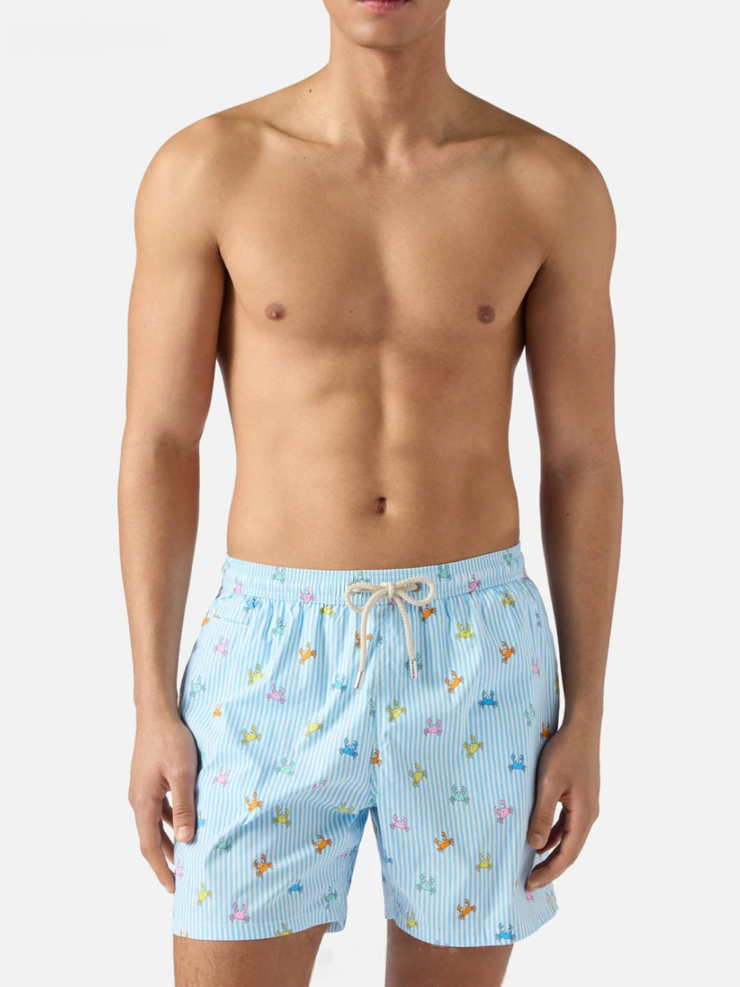 SAINT BARTH Costume mare Lighting Micro a righe azzurre con stampa granchi all-over
