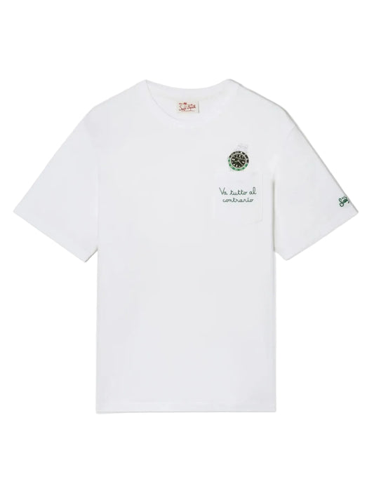 SAINT BARTH T-shirt Austin bianca con orologio e ricamo Va Tutto Al Contrario
