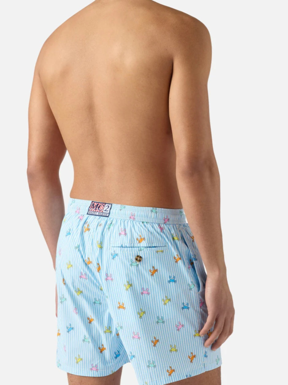 SAINT BARTH Costume mare Lighting Micro a righe azzurre con stampa granchi all-over