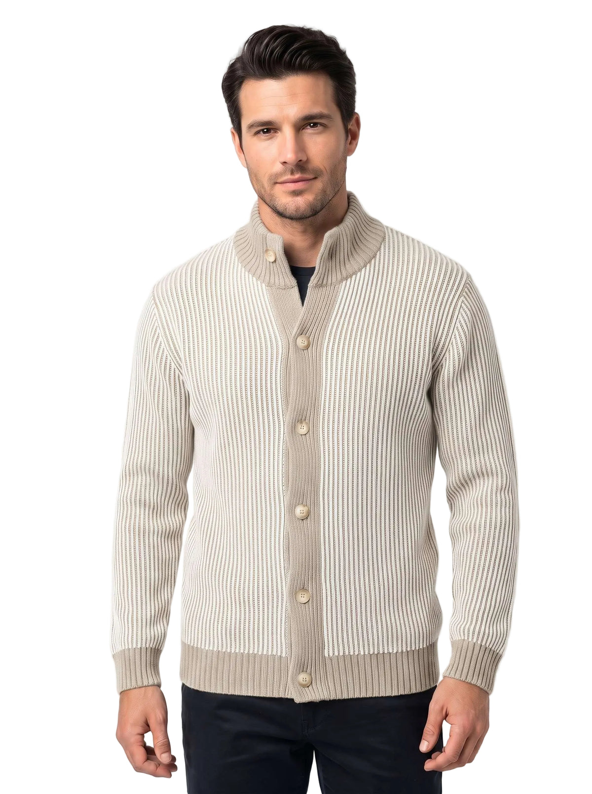 Cardigan Uomo a Coste Bicolore con Collo Alto