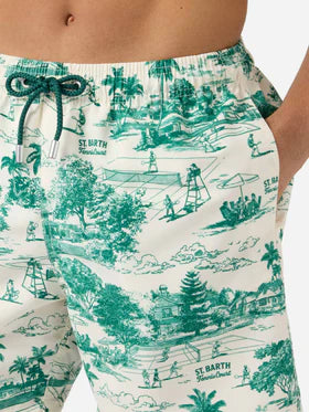 SAINT BARTH Costume mare Gustavia con stampa toile de jouy verde